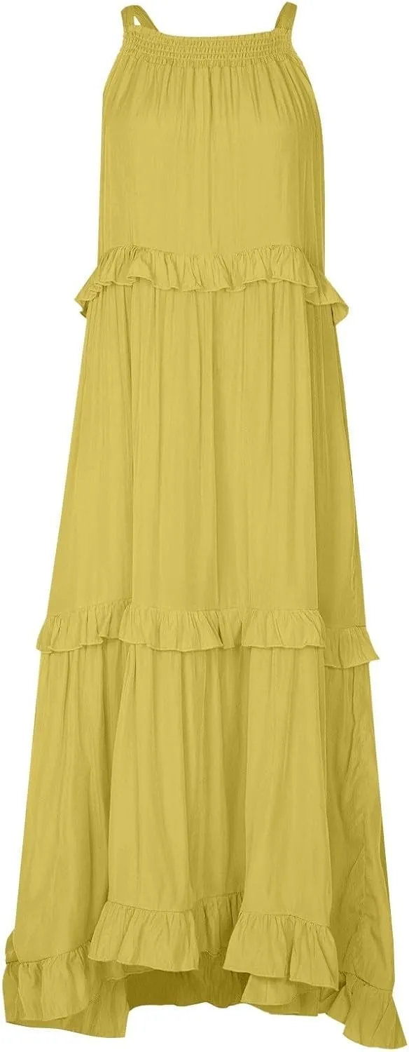 Summer Dresses for Women 2024 Halter Tie Back Ruffle Tiered Flowy Swing Dress Sleeveless Party Maxi Dress Sundress