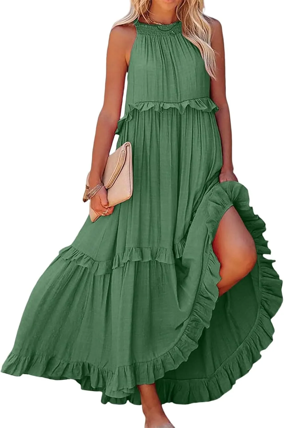 Summer Dresses for Women 2025 Boho Halter Maxi Dresses Sleeveless Pleated Tiered Flowy Beach Vacation Long Dress