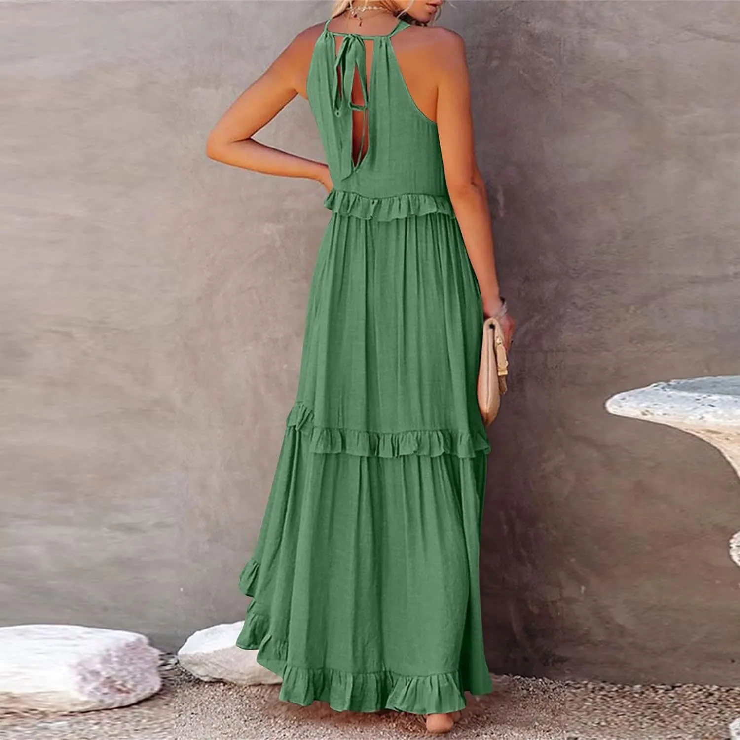 Summer Dresses for Women 2025 Boho Halter Maxi Dresses Sleeveless Pleated Tiered Flowy Beach Vacation Long Dress