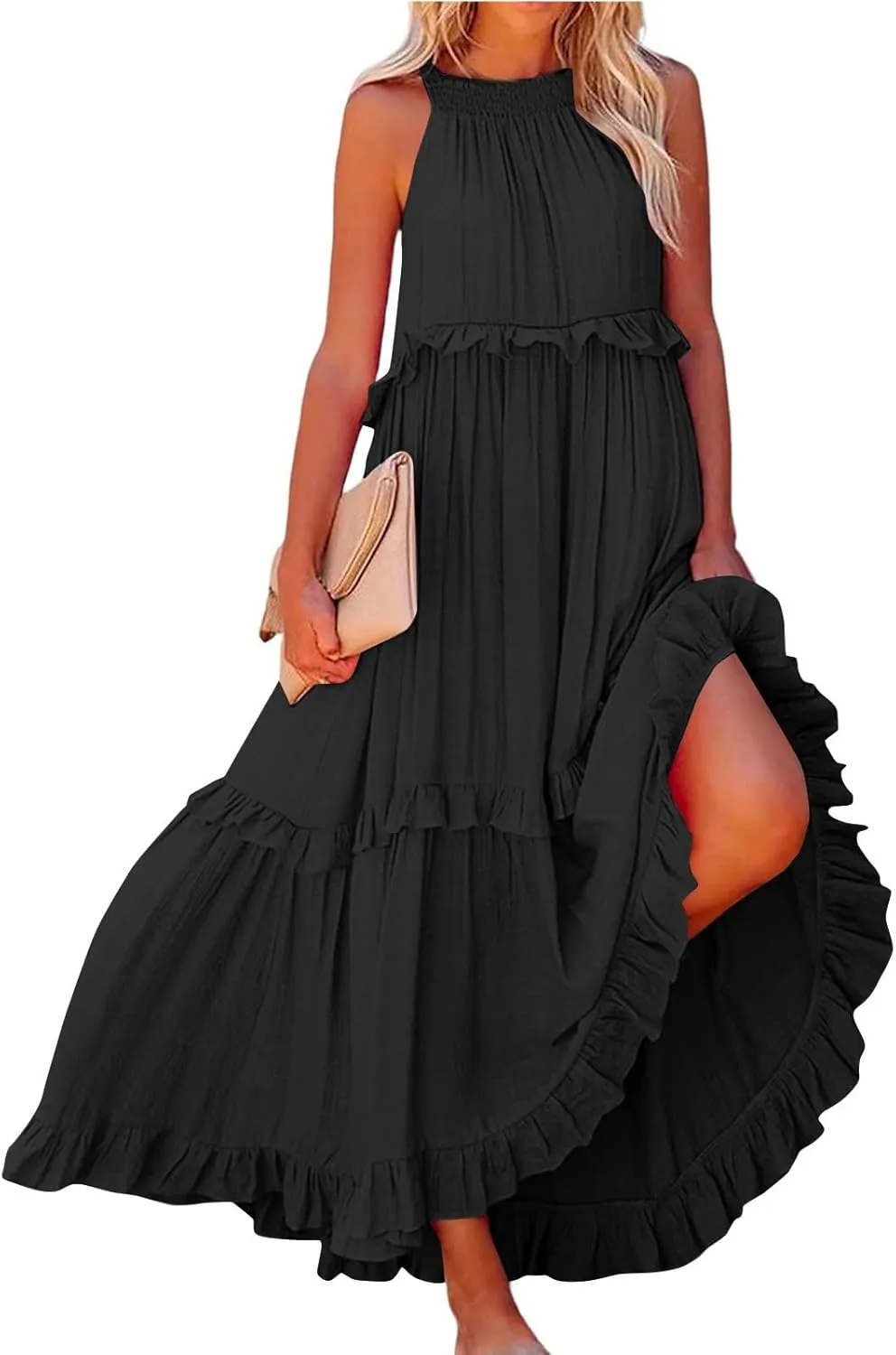 Summer Dresses for Women 2025 Boho Halter Maxi Dresses Sleeveless Pleated Tiered Flowy Beach Vacation Long Dress
