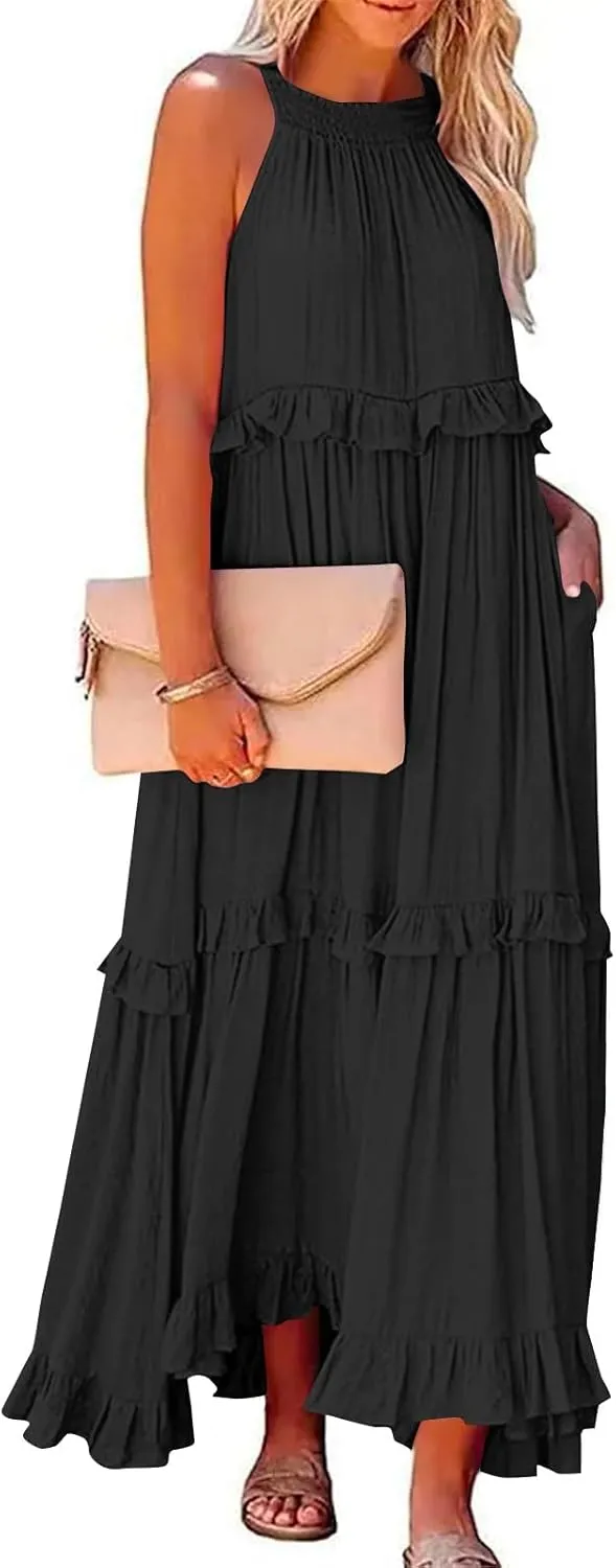 Summer Dresses for Women 2025 Boho Halter Maxi Dresses Sleeveless Pleated Tiered Flowy Beach Vacation Long Dress