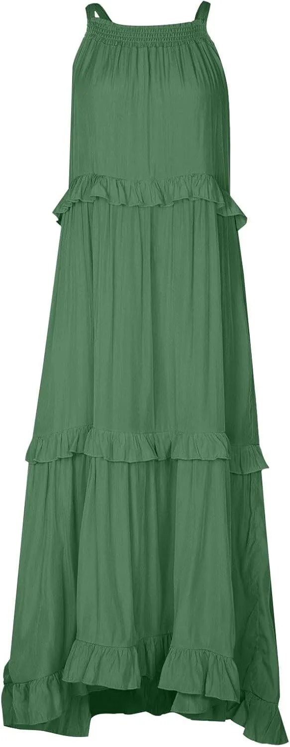 Summer Dresses for Women 2025 Boho Halter Maxi Dresses Sleeveless Pleated Tiered Flowy Beach Vacation Long Dress