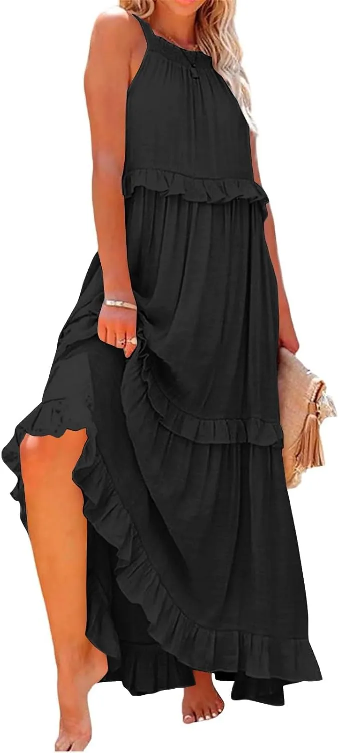 Summer Dresses for Women 2025 Boho Halter Maxi Dresses Sleeveless Pleated Tiered Flowy Beach Vacation Long Dress