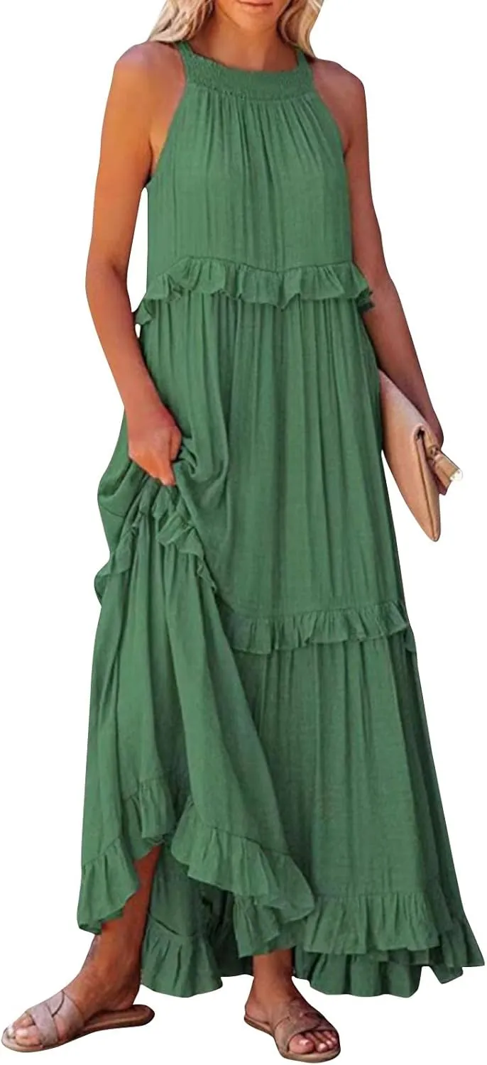 Summer Dresses for Women 2025 Boho Halter Maxi Dresses Sleeveless Pleated Tiered Flowy Beach Vacation Long Dress