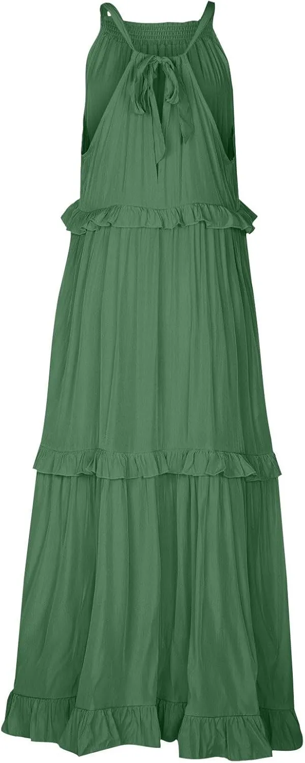 Summer Dresses for Women 2025 Boho Halter Maxi Dresses Sleeveless Pleated Tiered Flowy Beach Vacation Long Dress