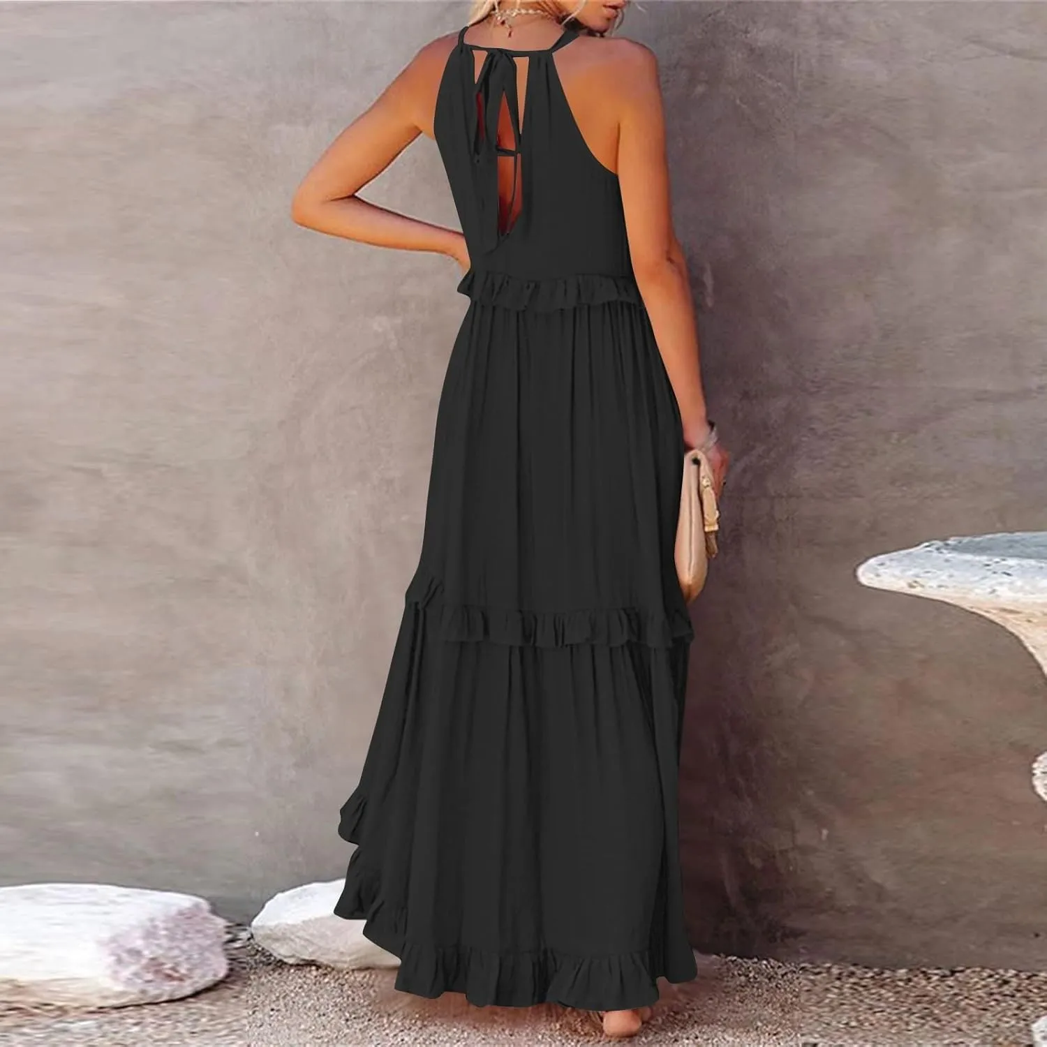 Summer Dresses for Women 2025 Boho Halter Maxi Dresses Sleeveless Pleated Tiered Flowy Beach Vacation Long Dress