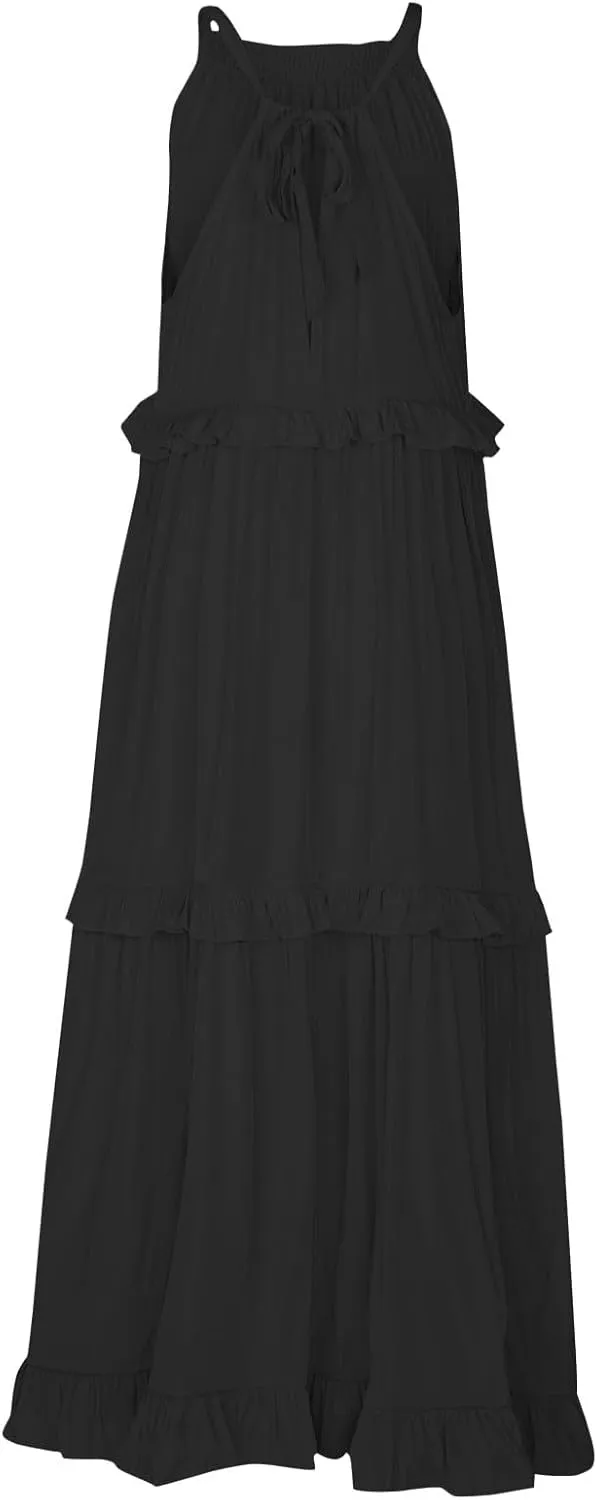 Summer Dresses for Women 2025 Boho Halter Maxi Dresses Sleeveless Pleated Tiered Flowy Beach Vacation Long Dress