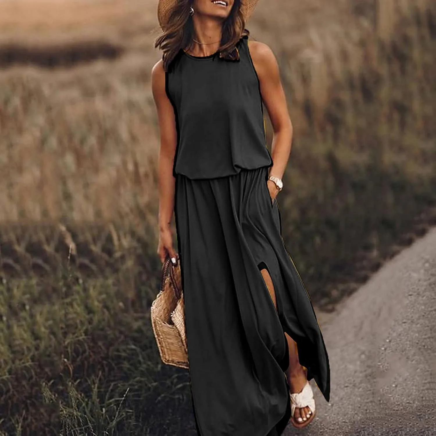 Summer Dresses for Women Casual Loose Sundress Split Maxi Dress Sleeveless Long Beach Dress Travel Vacation Outfits