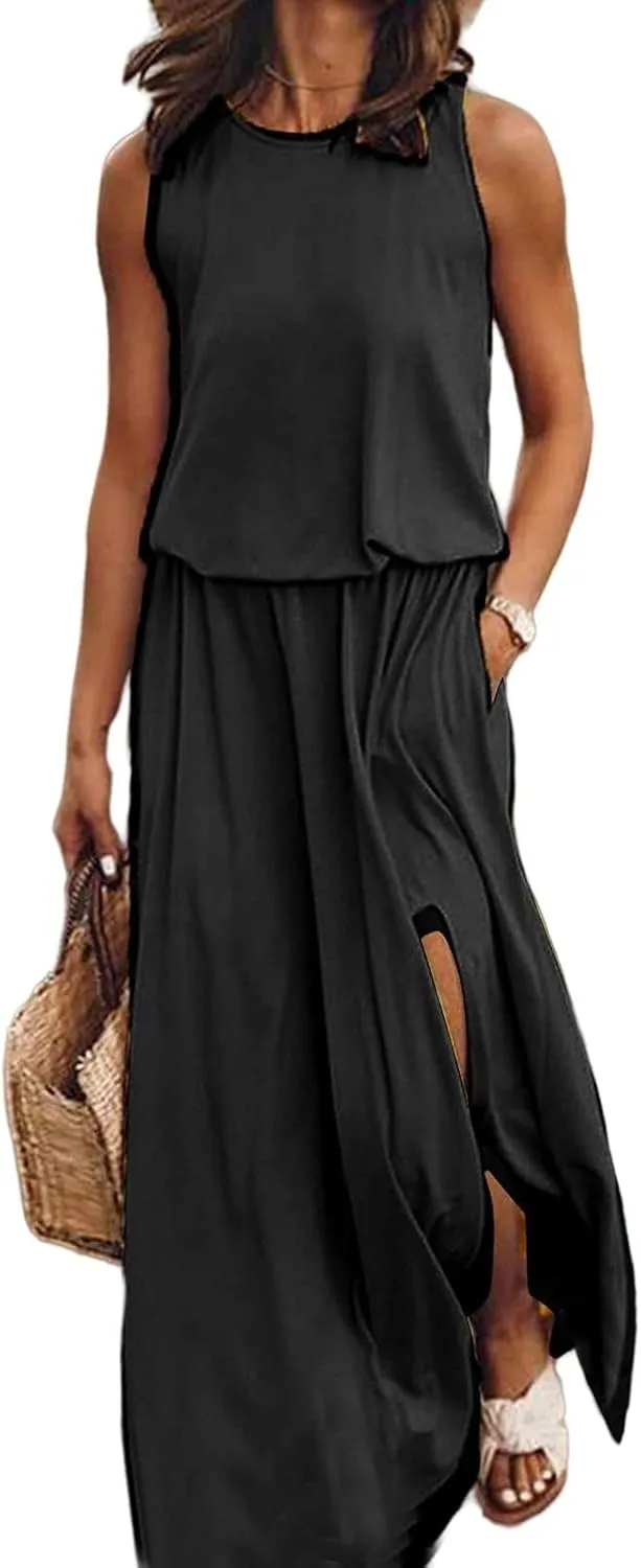 Summer Dresses for Women Casual Loose Sundress Split Maxi Dress Sleeveless Long Beach Dress Travel Vacation Outfits