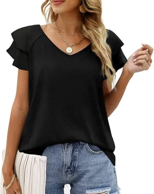 Summer T Shirts for Women V Neck Layered Ruffle Trim Short Sleeve Loose Fit Tees Baggy Lounge Outdoor Running Tops