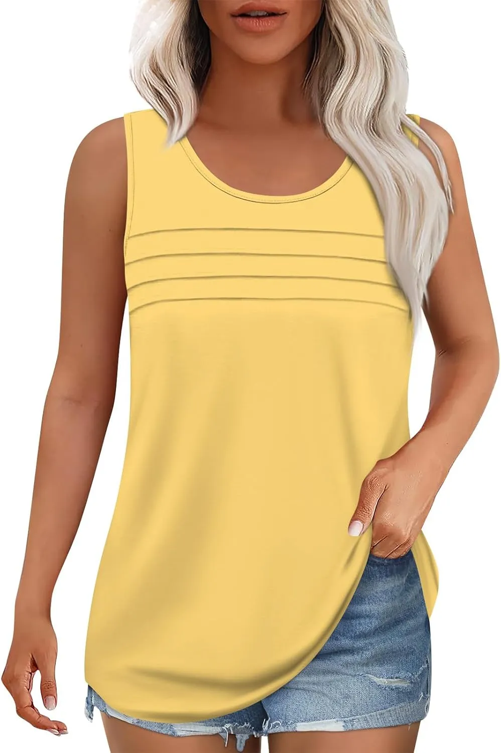 Summer Tank Tops for Women Sleeveless Crew Neck Pleated Solid Blouses Boho Casual Loose Tops Basic Shirts