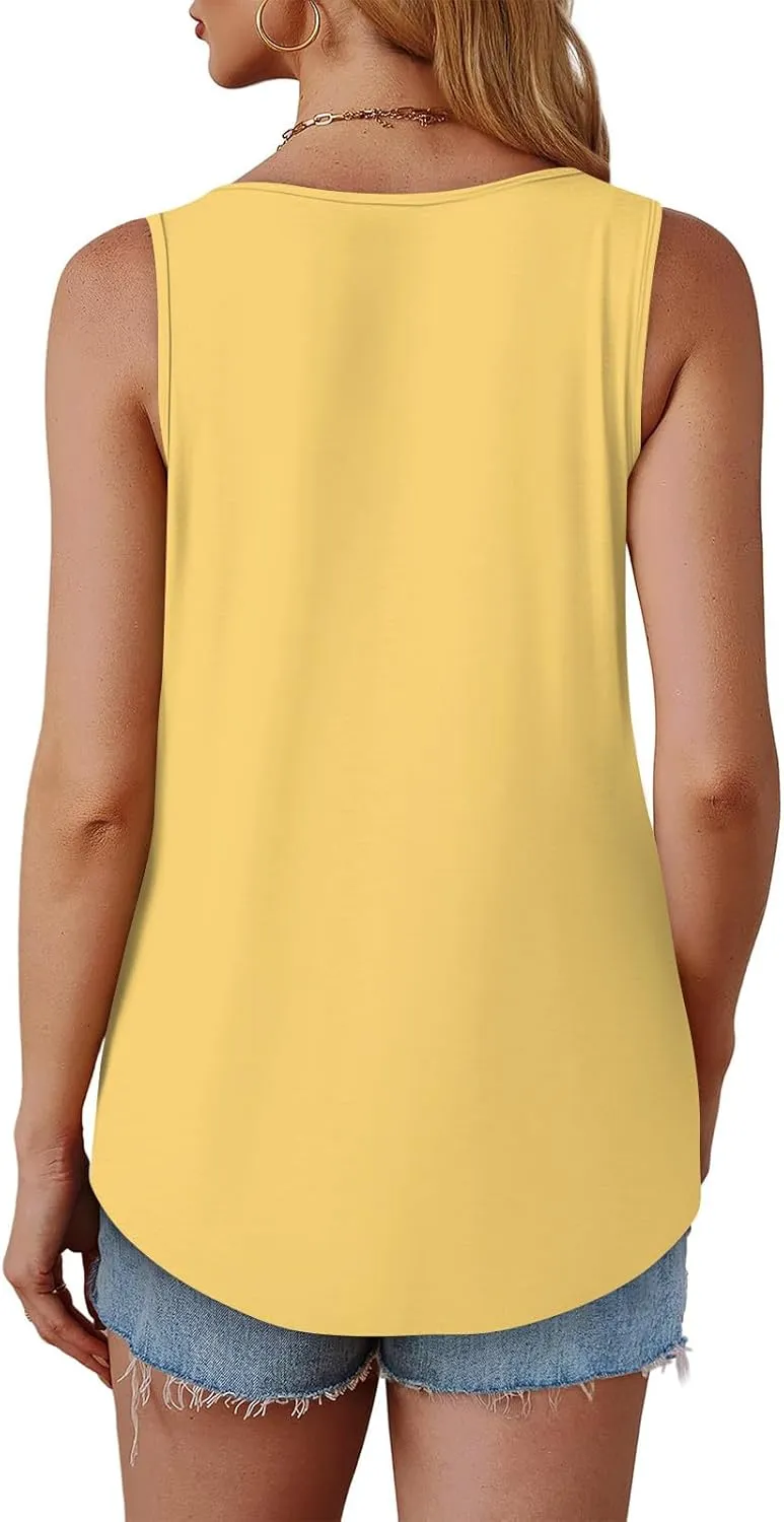 Summer Tank Tops for Women Sleeveless Crew Neck Pleated Solid Blouses Boho Casual Loose Tops Basic Shirts