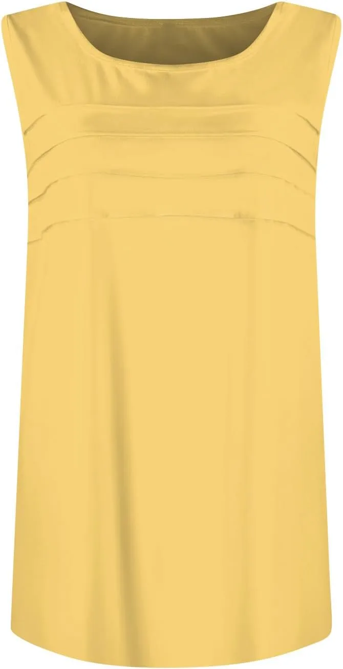 Summer Tank Tops for Women Sleeveless Crew Neck Pleated Solid Blouses Boho Casual Loose Tops Basic Shirts