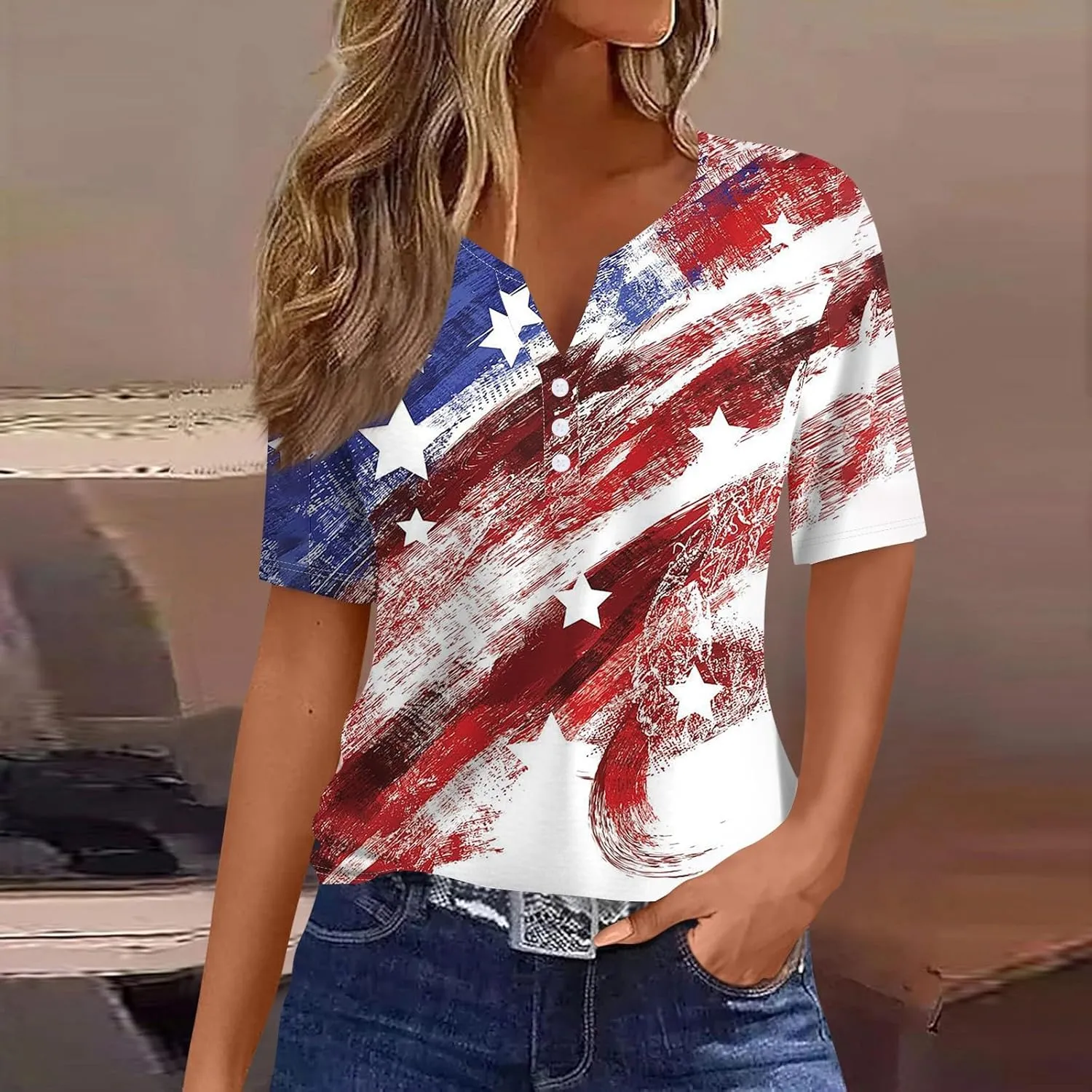 Summer Tops for Women 2024 4th of July Short Sleeve Henley Shirts for Women Button Down Casual American Flag Tops