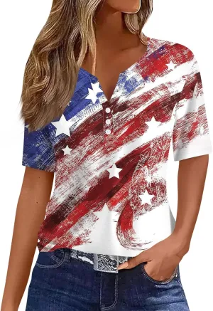Summer Tops for Women 2024 4th of July Short Sleeve Henley Shirts for Women Button Down Casual American Flag Tops