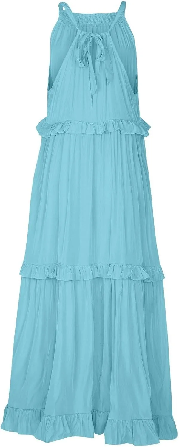 Sundresses for Women 2025 Sleeveless Summer Boho Beach Maxi Dress Tiered Pleated Flowy Swing Halter Church Long Dress