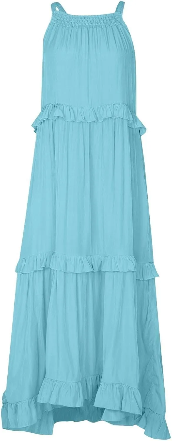 Sundresses for Women 2025 Sleeveless Summer Boho Beach Maxi Dress Tiered Pleated Flowy Swing Halter Church Long Dress