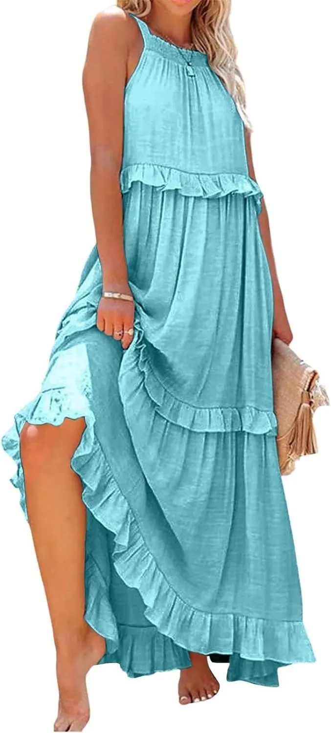 Sundresses for Women 2025 Sleeveless Summer Boho Beach Maxi Dress Tiered Pleated Flowy Swing Halter Church Long Dress