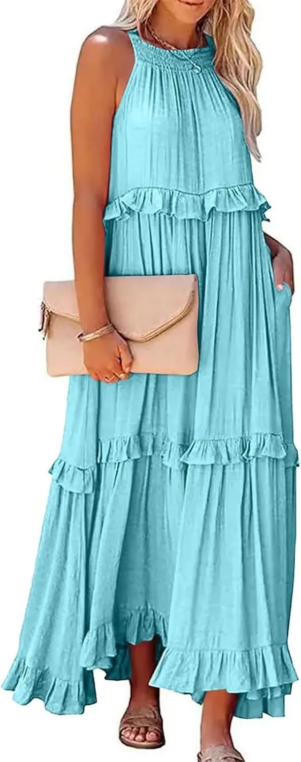 Sundresses for Women 2025 Sleeveless Summer Boho Beach Maxi Dress Tiered Pleated Flowy Swing Halter Church Long Dress