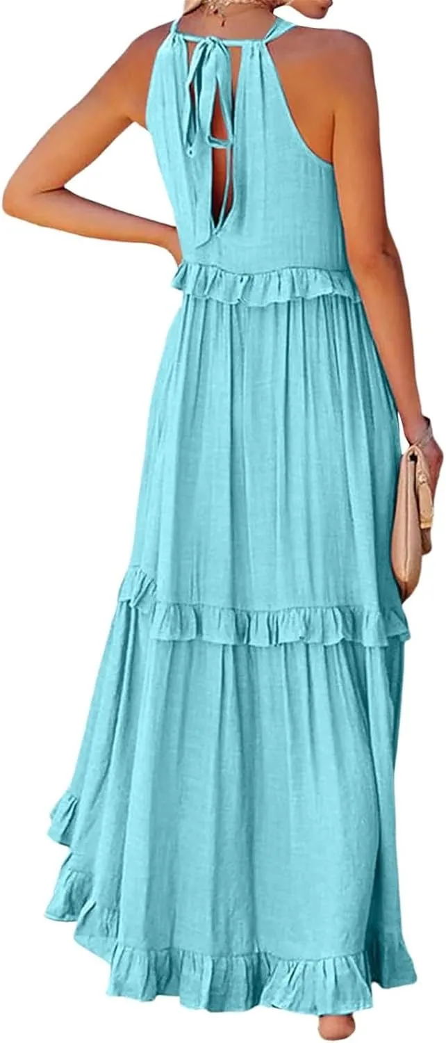 Sundresses for Women 2025 Sleeveless Summer Boho Beach Maxi Dress Tiered Pleated Flowy Swing Halter Church Long Dress