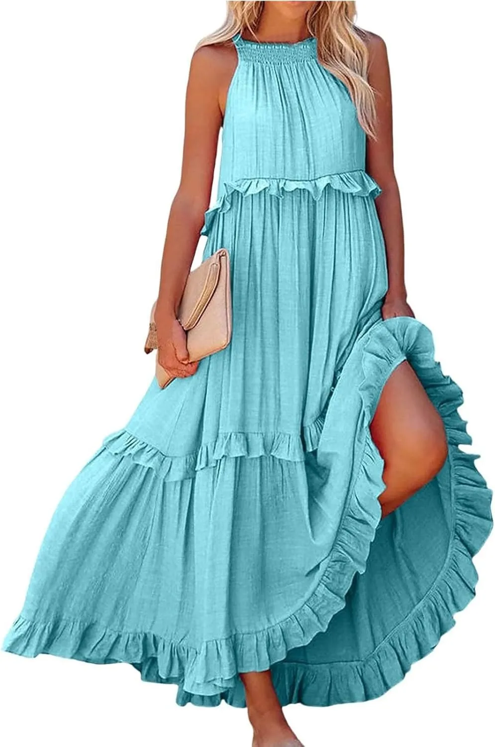 Sundresses for Women 2025 Sleeveless Summer Boho Beach Maxi Dress Tiered Pleated Flowy Swing Halter Church Long Dress