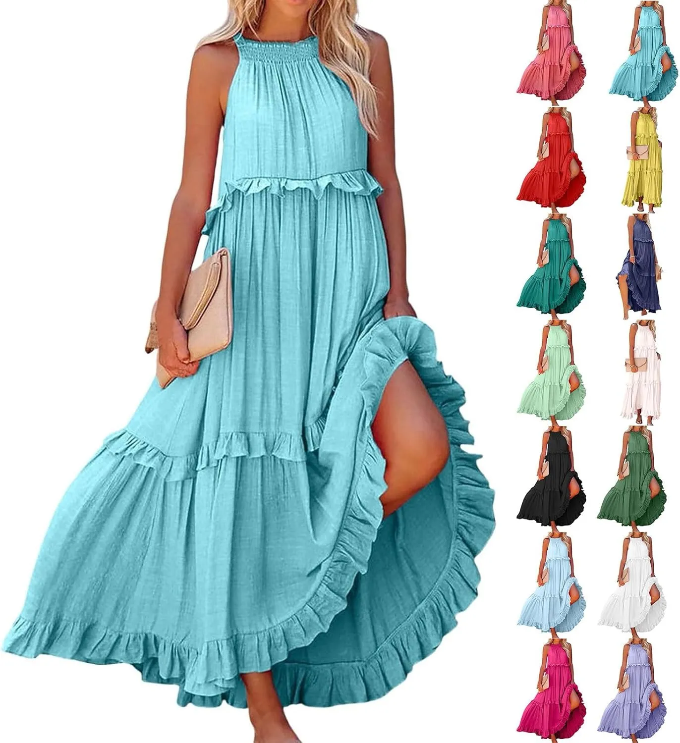 Sundresses for Women 2025 Sleeveless Summer Boho Beach Maxi Dress Tiered Pleated Flowy Swing Halter Church Long Dress