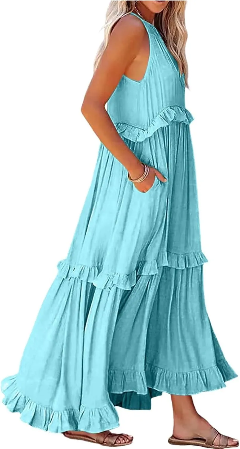 Sundresses for Women 2025 Sleeveless Summer Boho Beach Maxi Dress Tiered Pleated Flowy Swing Halter Church Long Dress