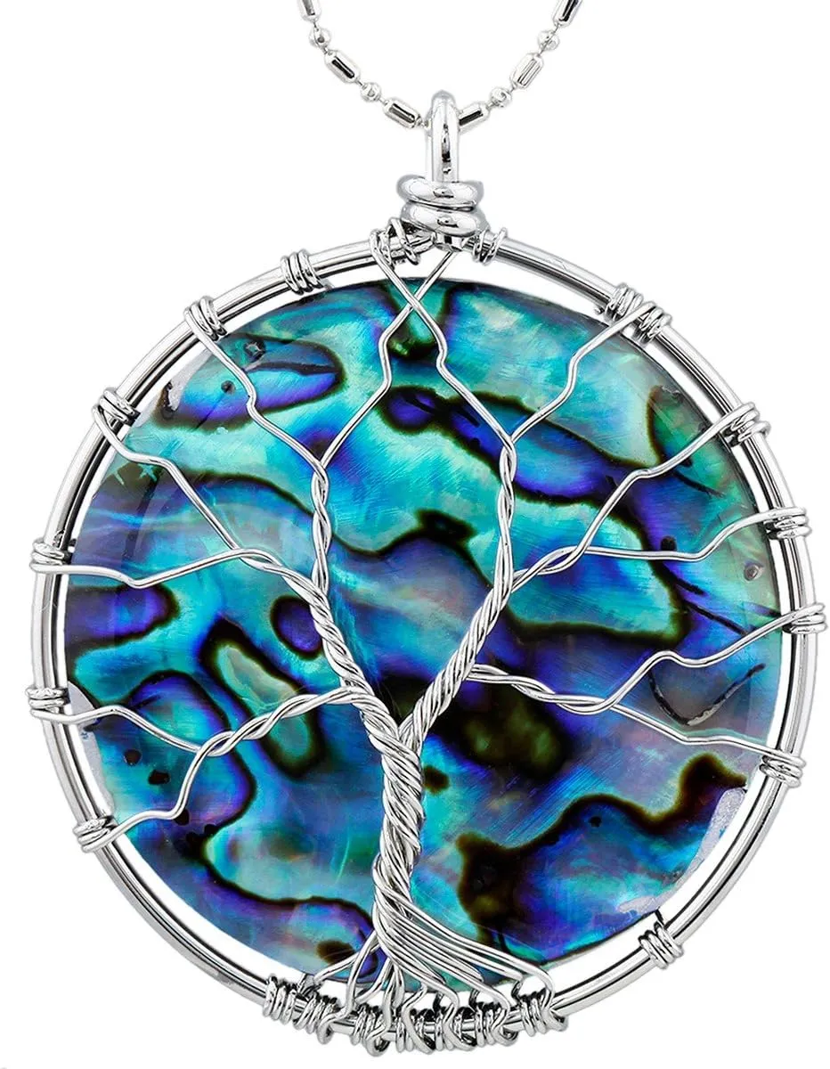 SUNYIK Round Abalone Shell Stone Pendant,Necklaces for Women,Handmade Reiki Healing Crystal
