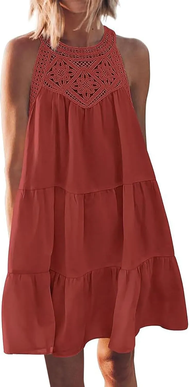 Tank Dresses for Women Summer Trendy Sundress Guipure Lace Halter Neck Mini Dress Tiered Ruffle Vacation Outfit