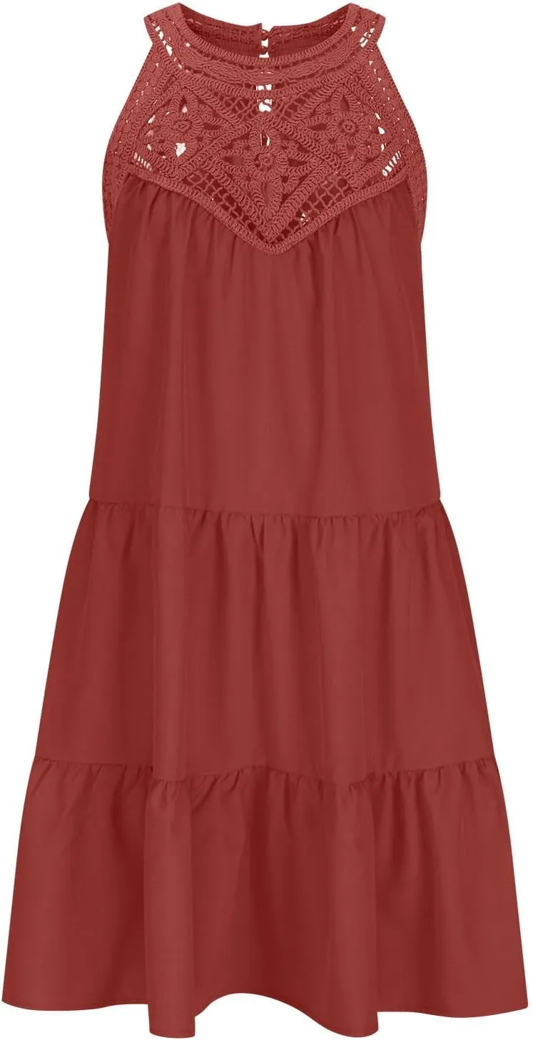 Tank Dresses for Women Summer Trendy Sundress Guipure Lace Halter Neck Mini Dress Tiered Ruffle Vacation Outfit