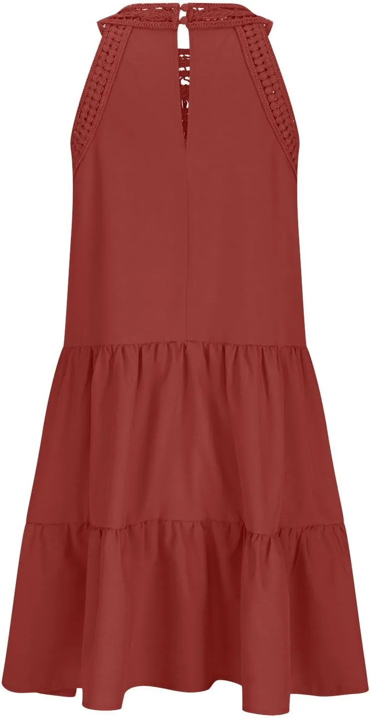 Tank Dresses for Women Summer Trendy Sundress Guipure Lace Halter Neck Mini Dress Tiered Ruffle Vacation Outfit