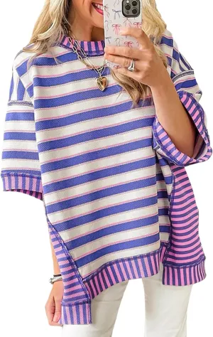 Tankaneo Womens Oversized Striped Shirt Summer Half Sleeve Tops Crew Neck Sweatshirts Casual Blouses