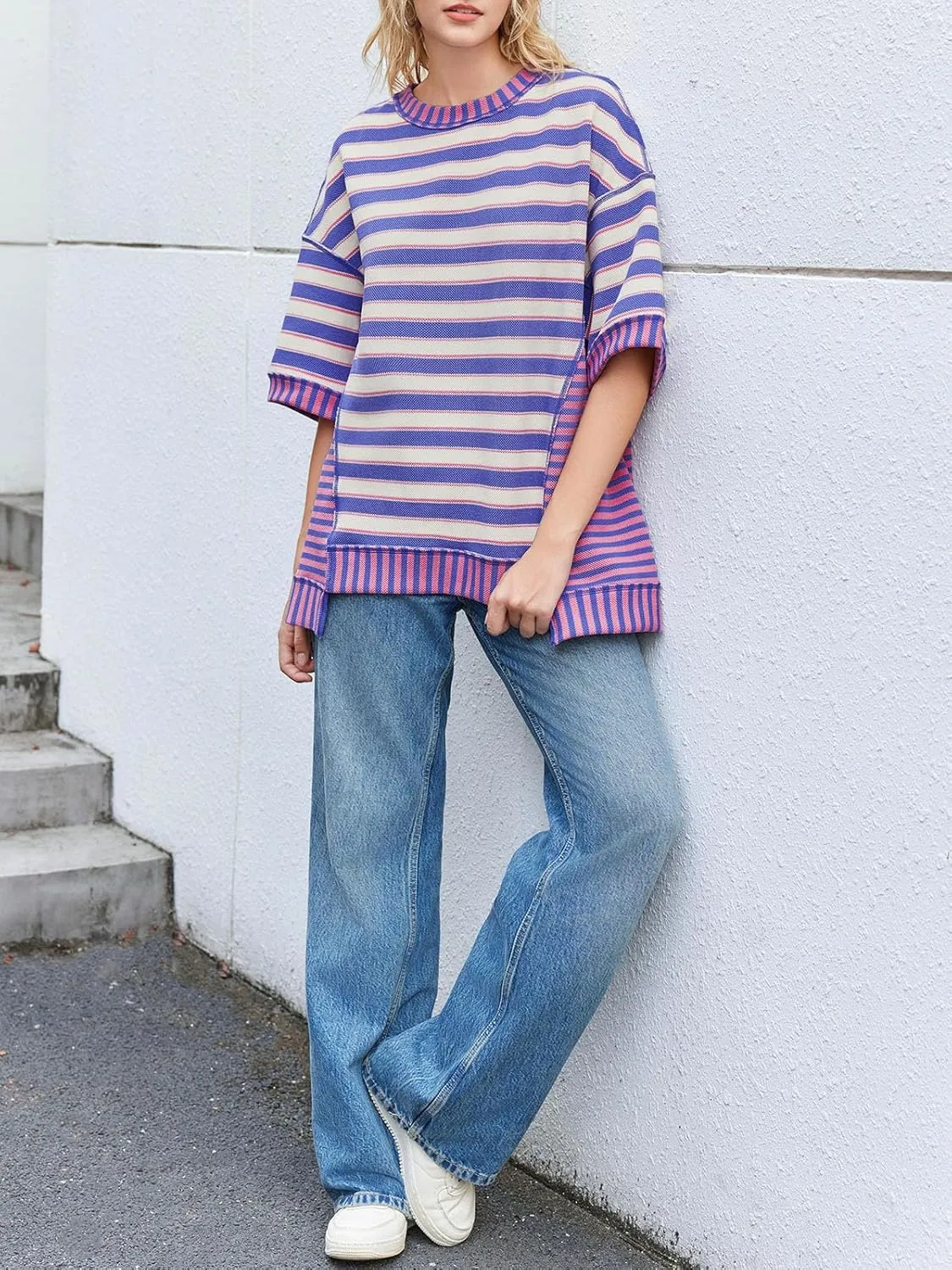 Tankaneo Womens Oversized Striped Shirt Summer Half Sleeve Tops Crew Neck Sweatshirts Casual Blouses