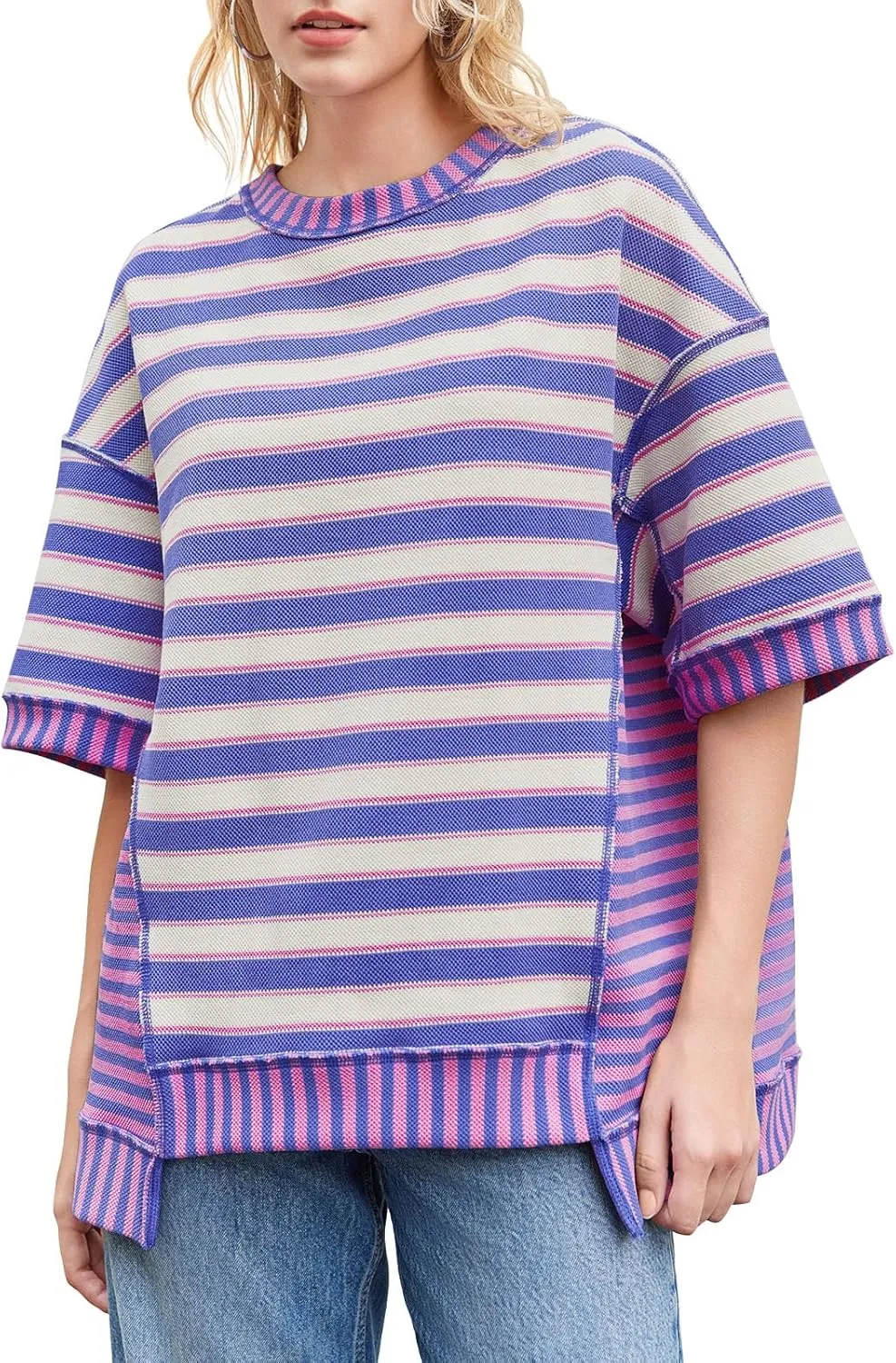Tankaneo Womens Oversized Striped Shirt Summer Half Sleeve Tops Crew Neck Sweatshirts Casual Blouses