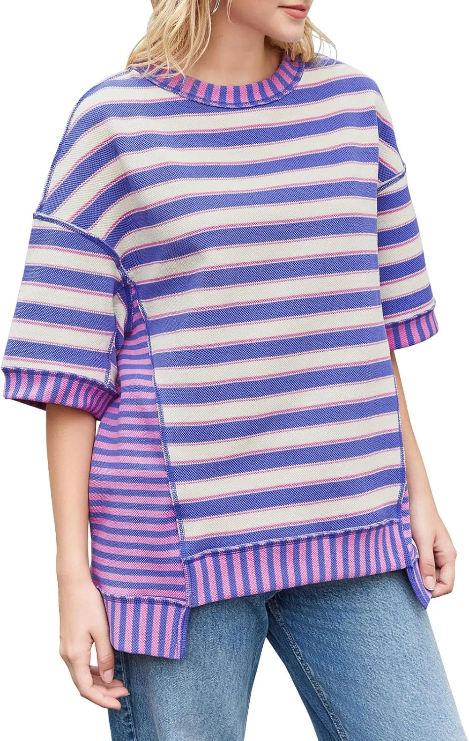 Tankaneo Womens Oversized Striped Shirt Summer Half Sleeve Tops Crew Neck Sweatshirts Casual Blouses