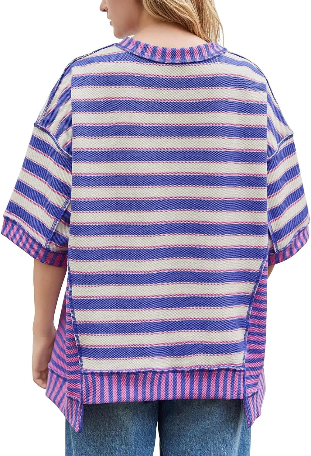 Tankaneo Womens Oversized Striped Shirt Summer Half Sleeve Tops Crew Neck Sweatshirts Casual Blouses