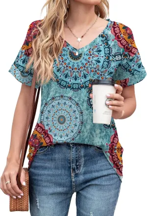 TASAMO Women's Short Sleeve V-Neck Shirts Loose Casual Tee T-Shirt Basic Tops