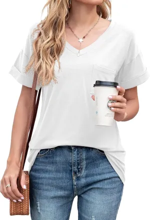 TASAMO Women's Short Sleeve V-Neck Shirts Loose Casual Tee T-Shirt Basic Tops