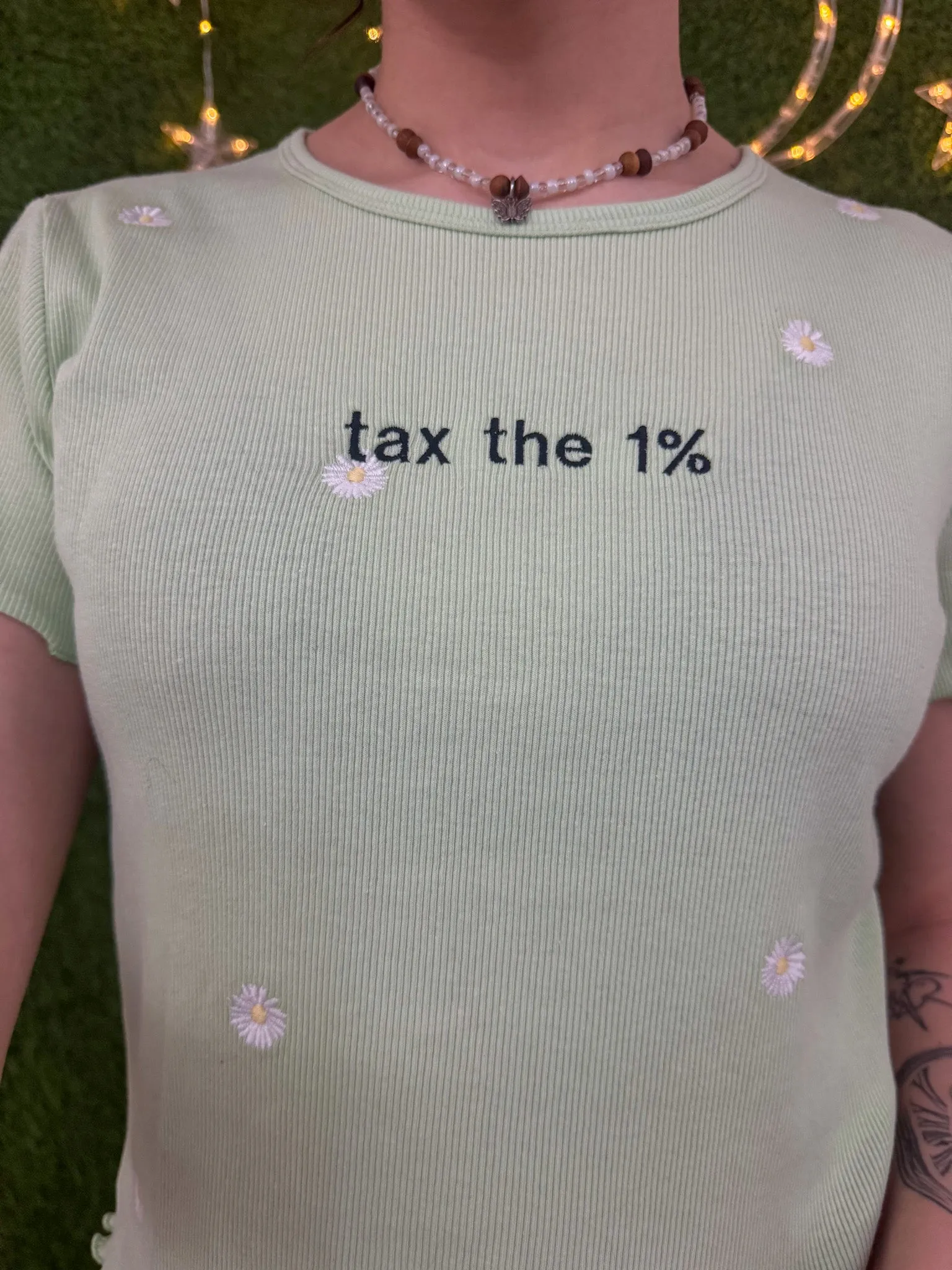 Tax the 1% Pastel Flower Scalloped Edge Tee S