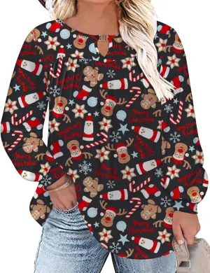TFSDOD Women Plus Size Tops Long Sleeve Shirts V Neck Pleated Keyhole Blouse Loose Work Tunic Tee 1X-5X