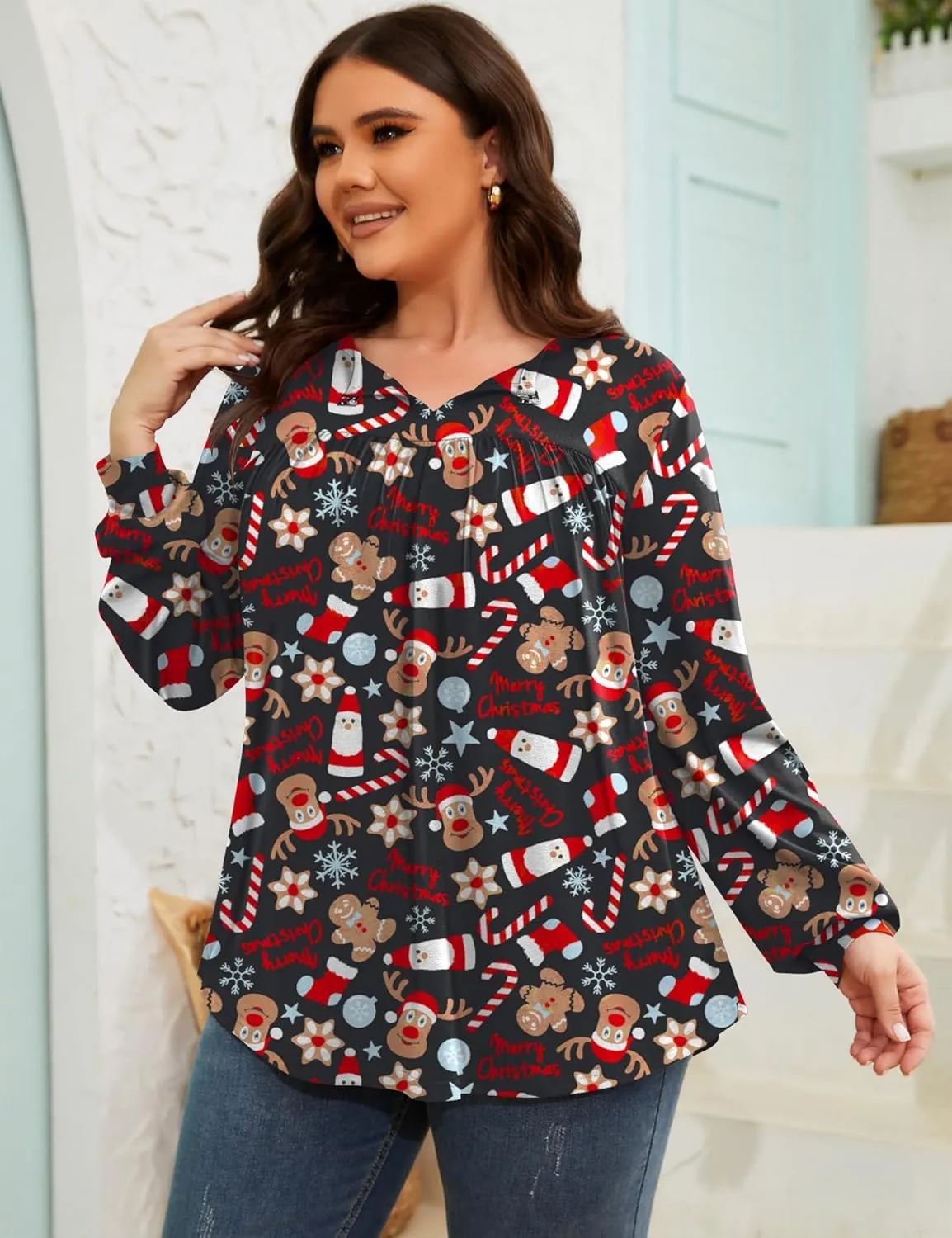 TFSDOD Women Plus Size Tops Long Sleeve Shirts V Neck Pleated Keyhole Blouse Loose Work Tunic Tee 1X-5X