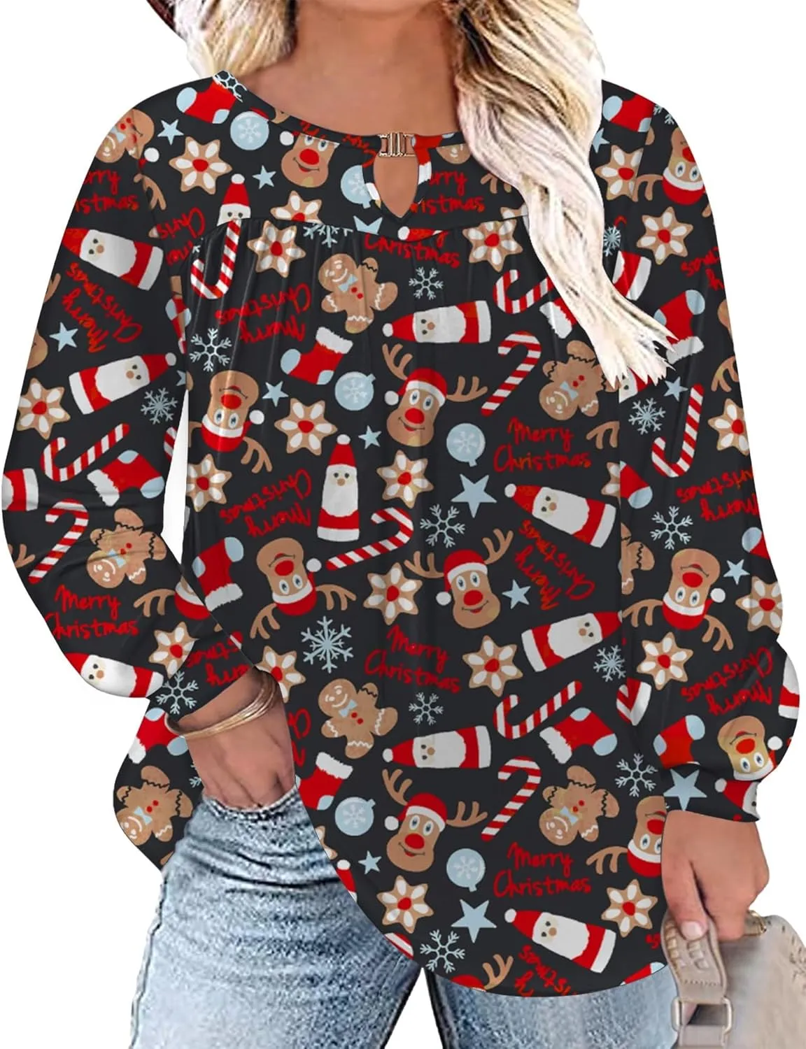 TFSDOD Women Plus Size Tops Long Sleeve Shirts V Neck Pleated Keyhole Blouse Loose Work Tunic Tee 1X-5X