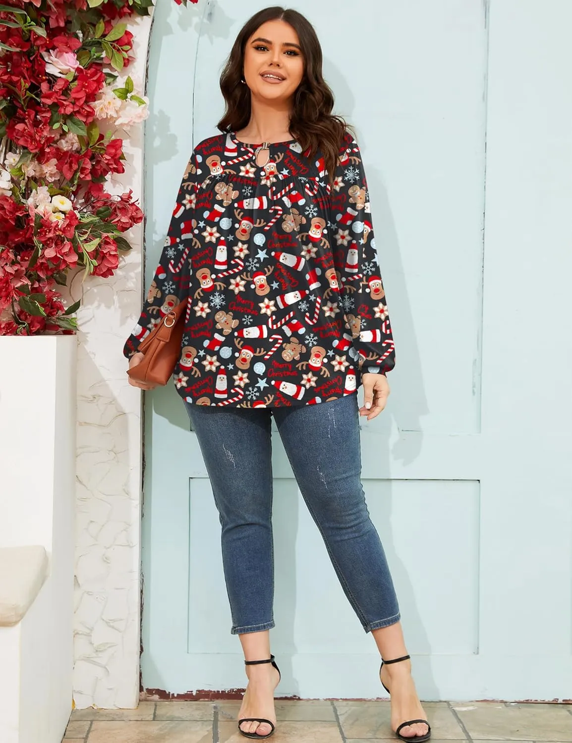 TFSDOD Women Plus Size Tops Long Sleeve Shirts V Neck Pleated Keyhole Blouse Loose Work Tunic Tee 1X-5X