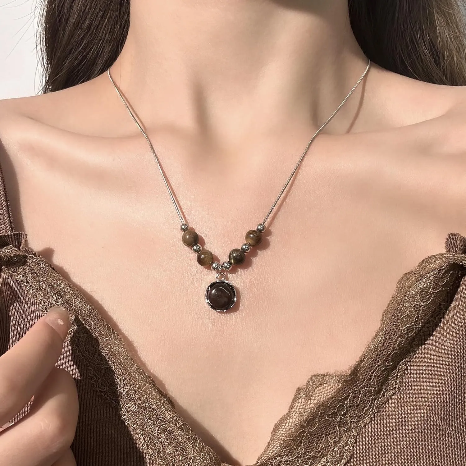 Tiger Eye Necklace, Leather Necklace for Women, Choker Necklaces for Women, Boho Necklace, 2 pcs Western Necklace for Cowgirl Jewelry (2 Layers Tiger Eye)
