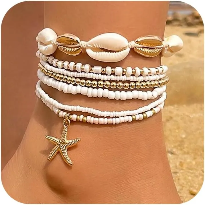 Todenb Seashell Anklets for Women Colorful Starfish Mermaid Ankle Bracelet Fashion Shell Beaded Anklet Set Boho Beachy Seashell Ankle Bracelet for Women Waterproof Hawaii Summer Mermaid Jewelry