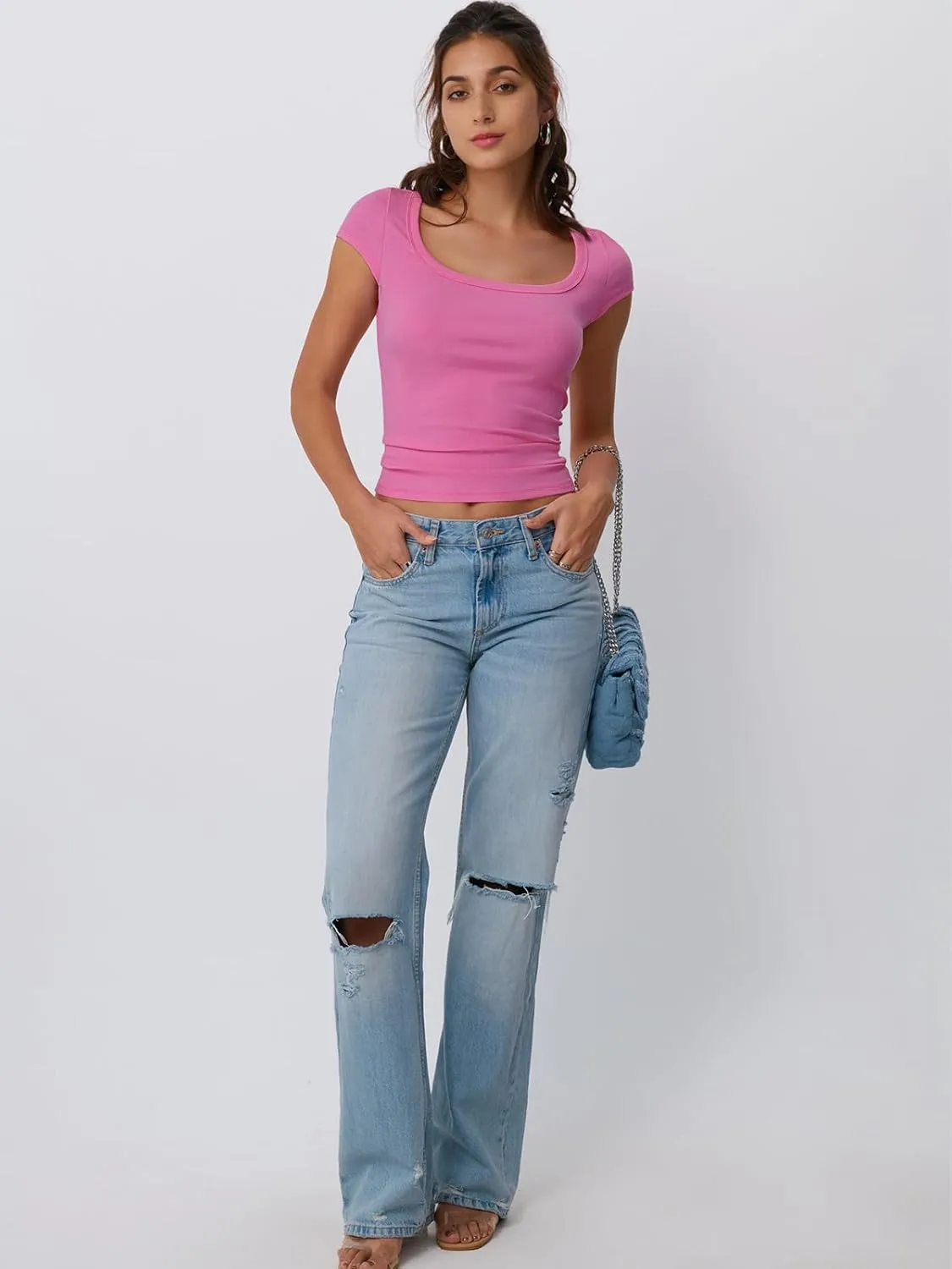 Trendy Queen Womens Square Neck Ribbed Basic Going Out Crop Tops Cap Sleeve T Shirts Summer Clothes 2025