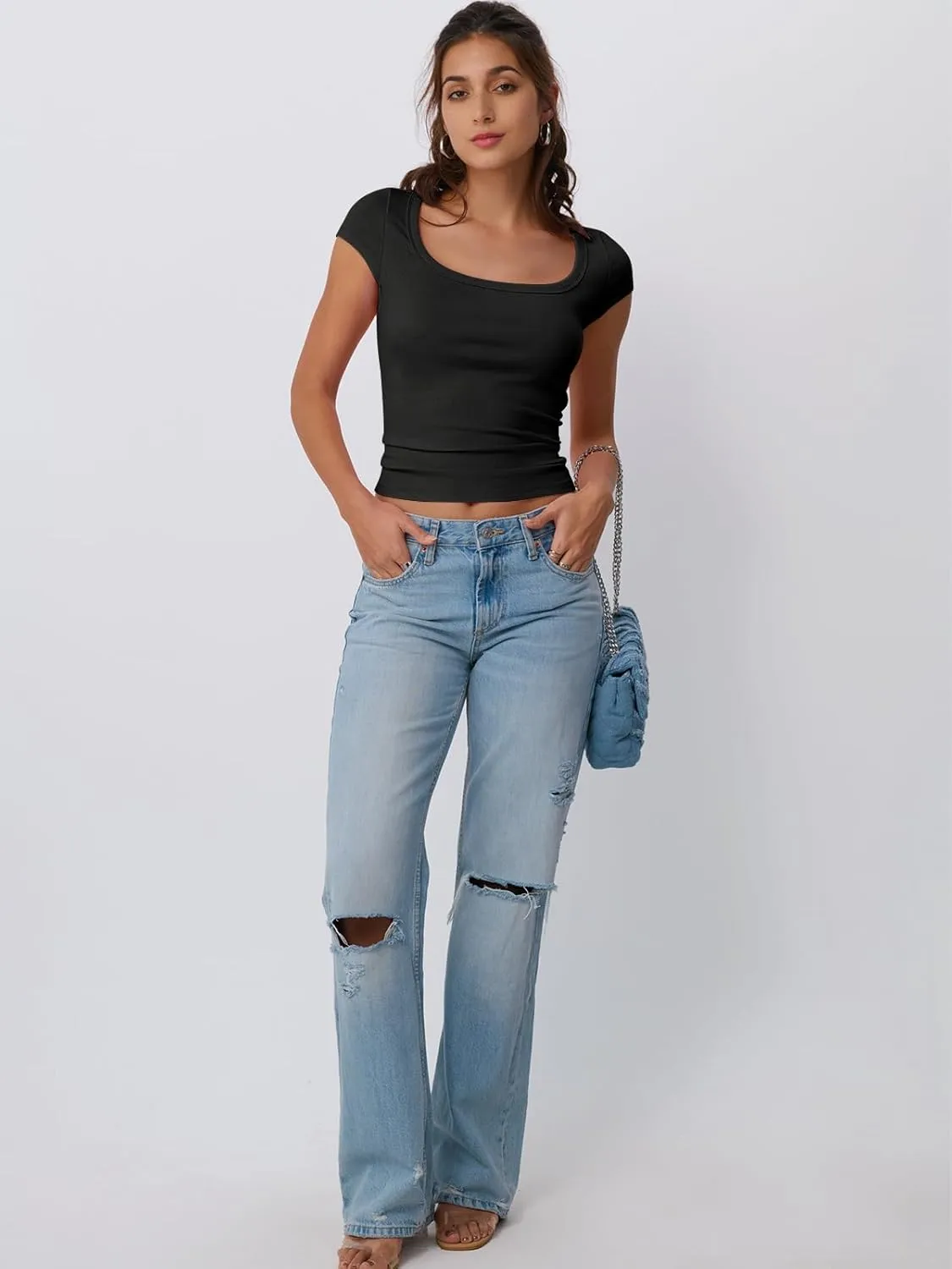 Trendy Queen Womens Square Neck Ribbed Basic Going Out Crop Tops Cap Sleeve T Shirts Summer Clothes 2025
