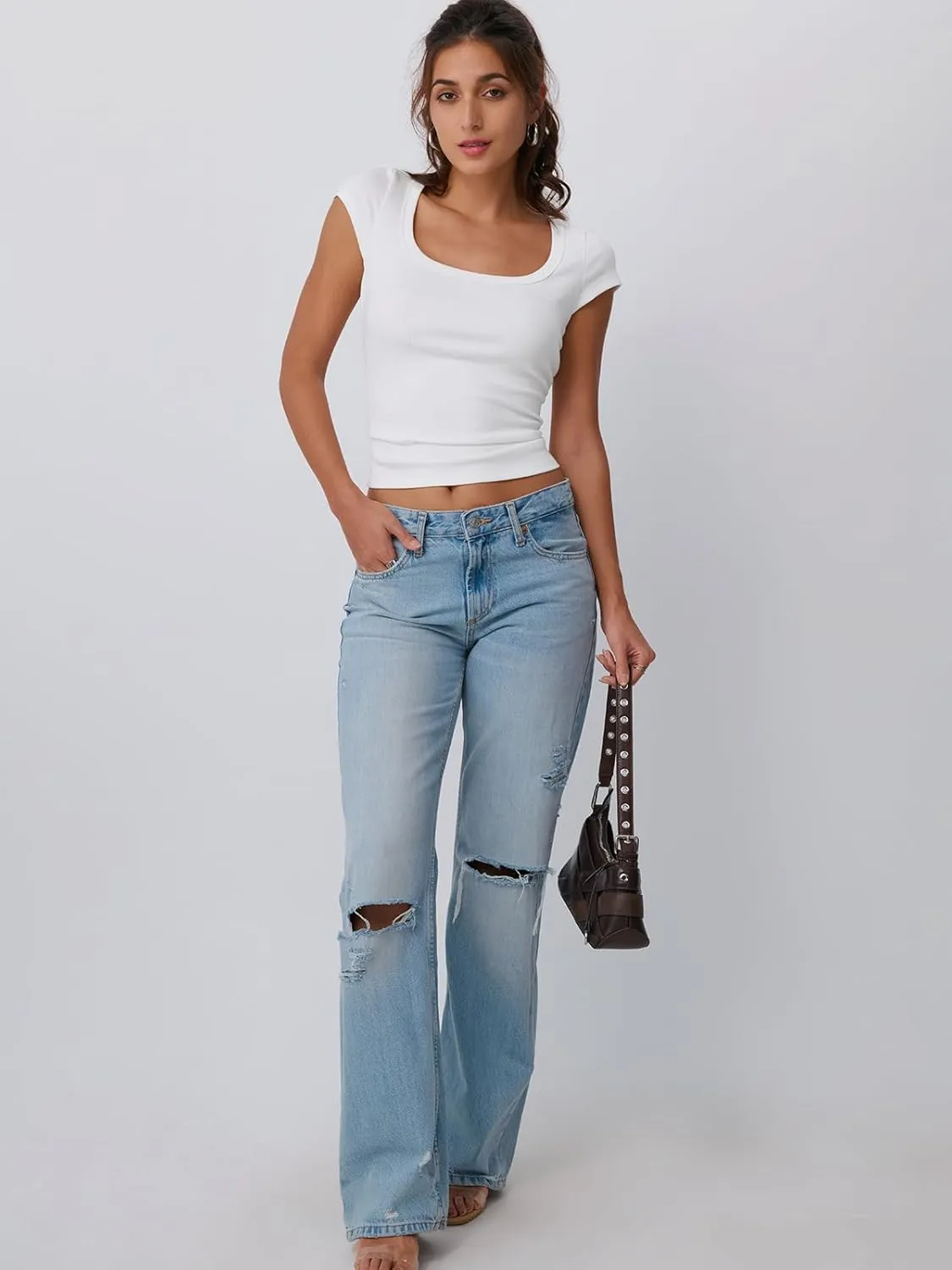 Trendy Queen Womens Square Neck Ribbed Basic Going Out Crop Tops Cap Sleeve T Shirts Summer Clothes 2025
