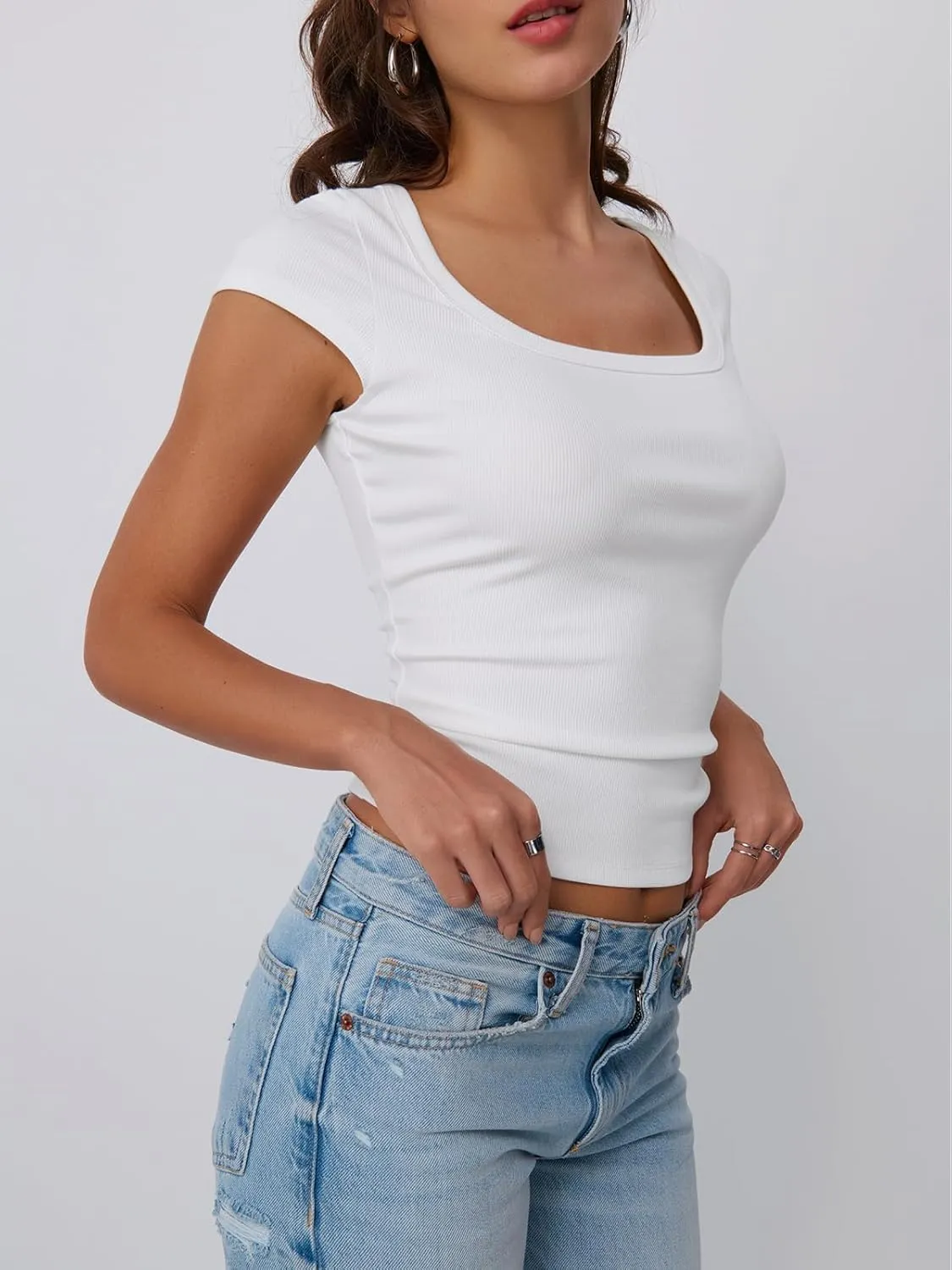 Trendy Queen Womens Square Neck Ribbed Basic Going Out Crop Tops Cap Sleeve T Shirts Summer Clothes 2025