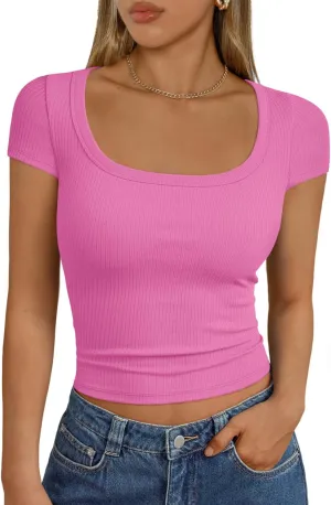 Trendy Queen Womens Square Neck Ribbed Basic Going Out Crop Tops Cap Sleeve T Shirts Summer Clothes 2025